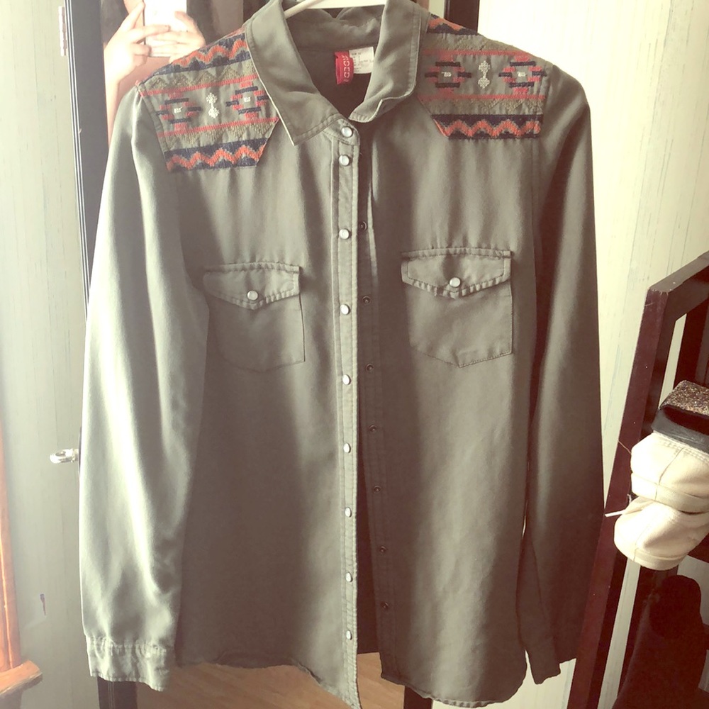 Army green button up with shoulder design